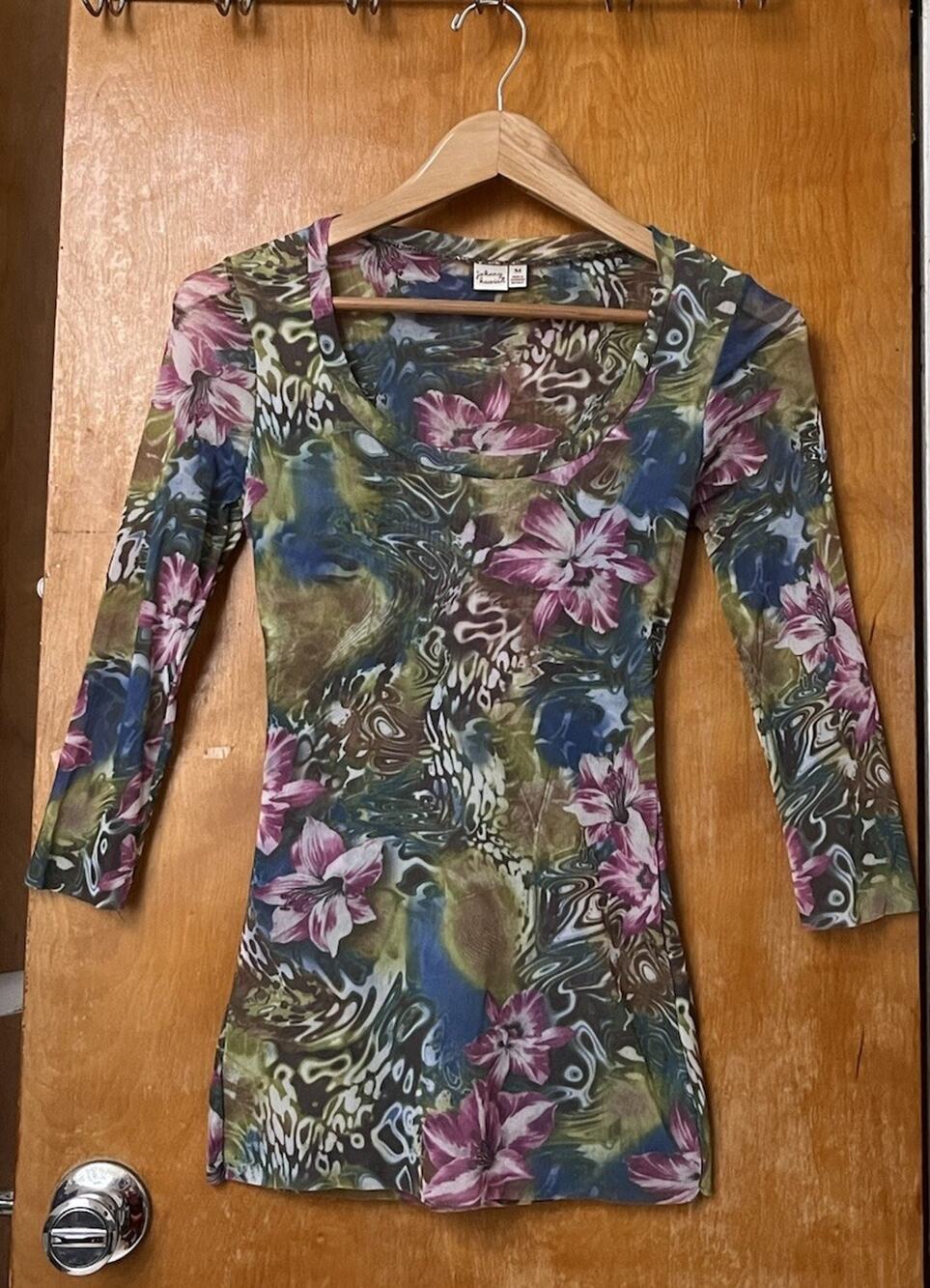 Vintage Y2K Mesh Johnny Heaven Fantasy Floral Animal Print 3/4 Jungle Top Sz M